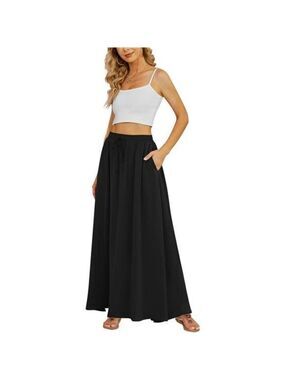 Womens High Waist Pleated Maxi Skirt Flowy Long Chiffon Skirt with Pockets